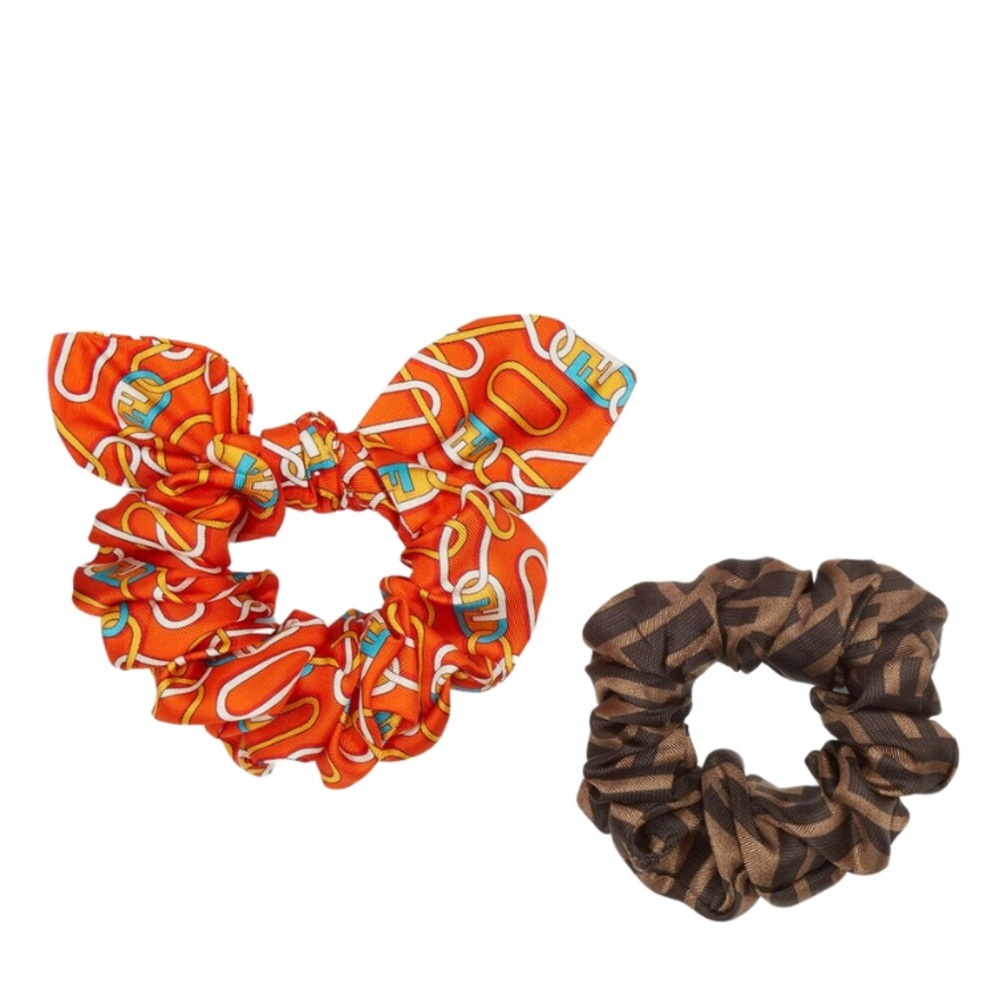 NWT Authentic Fendi Set of 2 O'Lock/Zucca FF Logo Print Silk Hair Tie Scrunchies